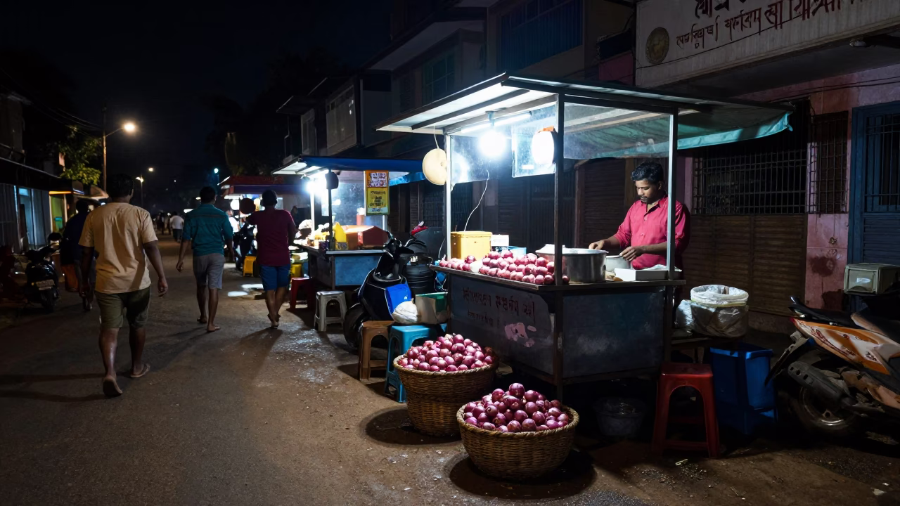 Nighttime Street Scene in Kochi India with Vendor Onions and Glass Bench in in Kochi, India