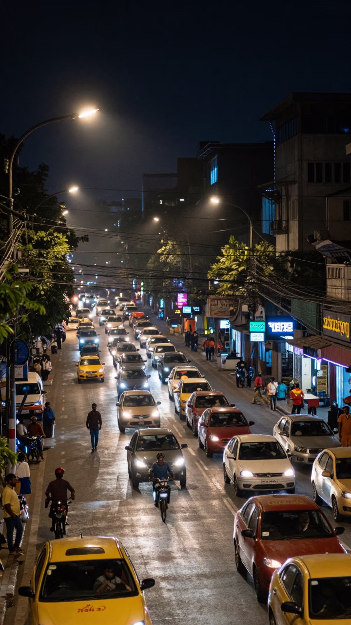 Nighttime Street Scene in Kolkata India with Busy Traffic and Neon Lights in in Kolkata, India