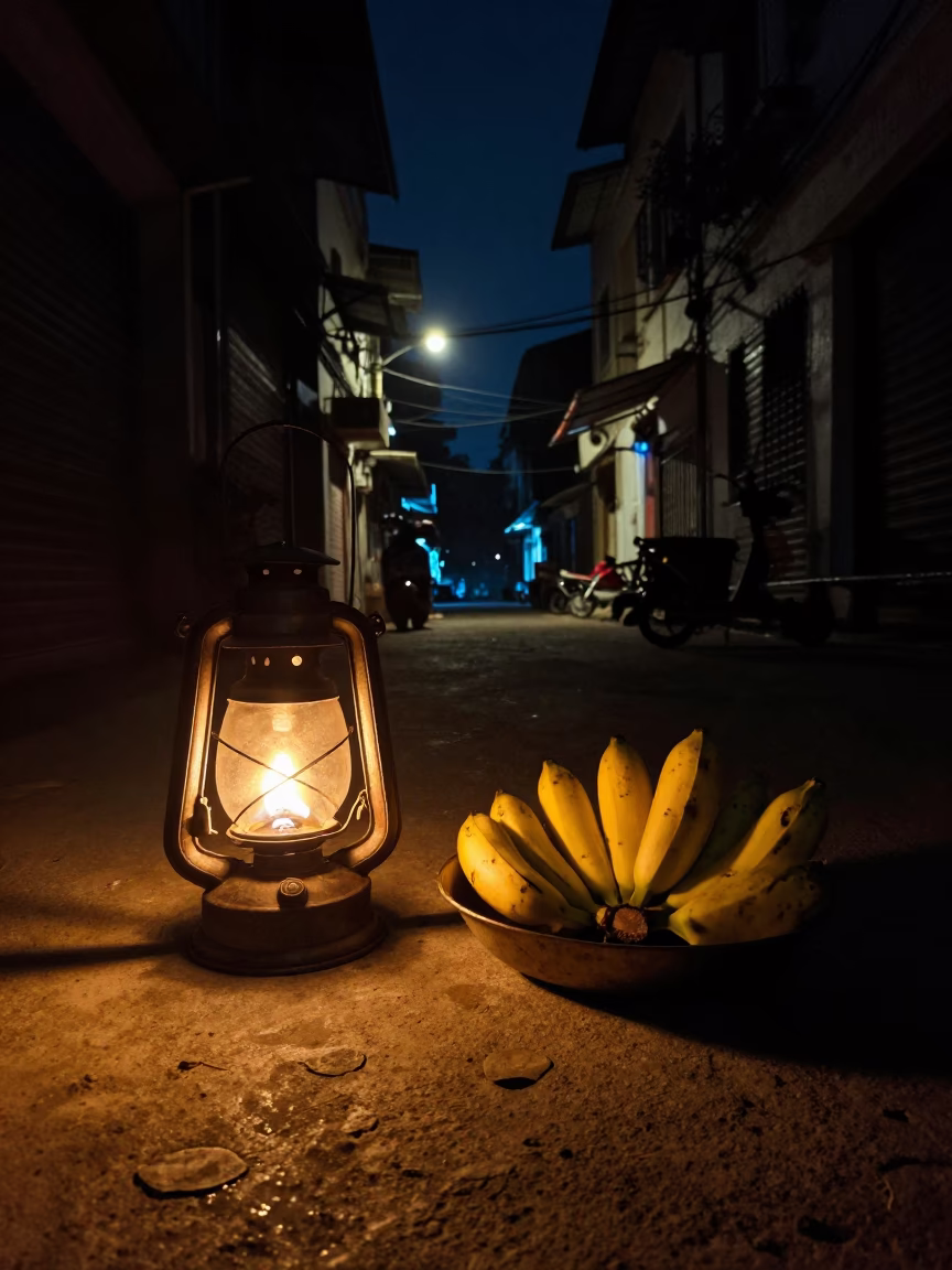 Nighttime Street Scene in Kolkata India with Oil Lamp and Fruit Bowl in in Kolkata, India