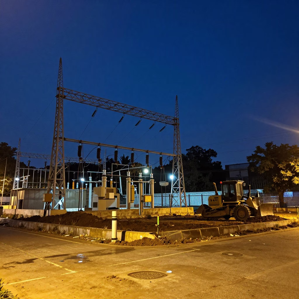 Nighttime Street Scene in Kolkata India with Power Substation and Urban Construction in in Kolkata, India