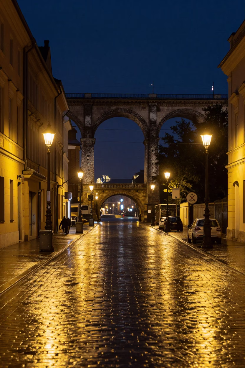 Nighttime Street Scene in Krakow Poland Railway Viaduct and Urban Architecture in in Krakow, Poland