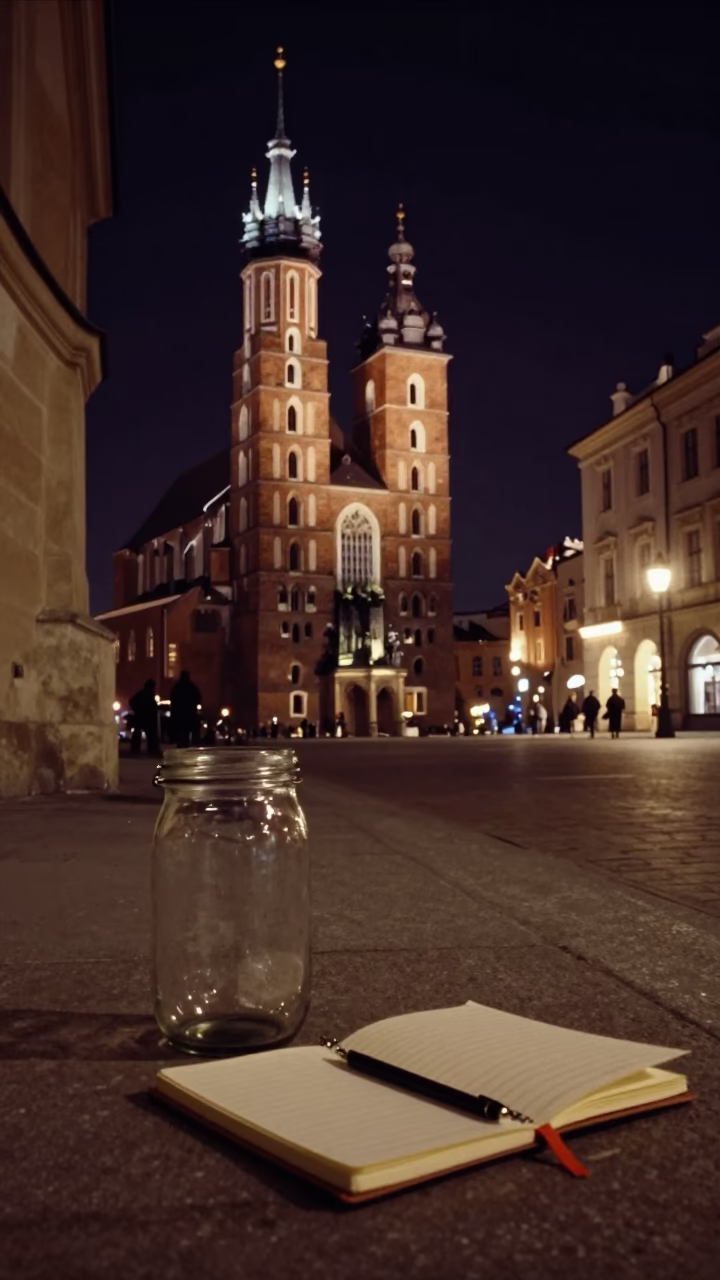 Nighttime Street Scene in Krakow Poland with Glass Jar and Notebook on Cobblestones in in Krakow, Poland