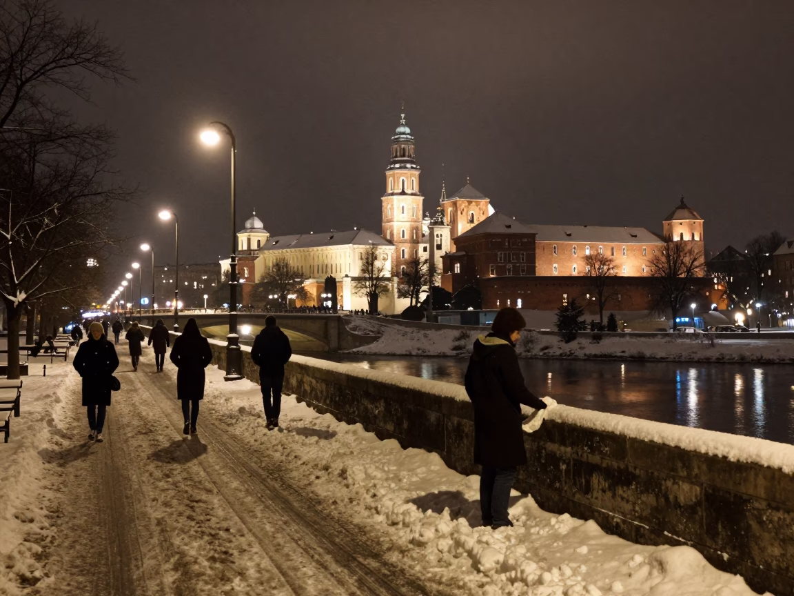 Nighttime Street Scene in Krakow Poland with Illuminated Bridge and Snow in in Krakow, Poland