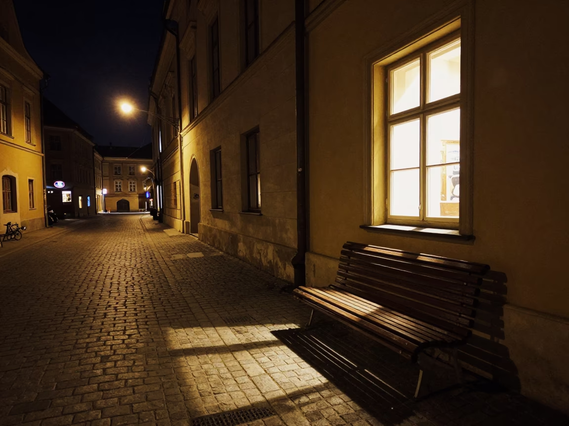 Nighttime Street Scene in Krakow Poland with Illuminated Window and Bench Slats in in Krakow, Poland