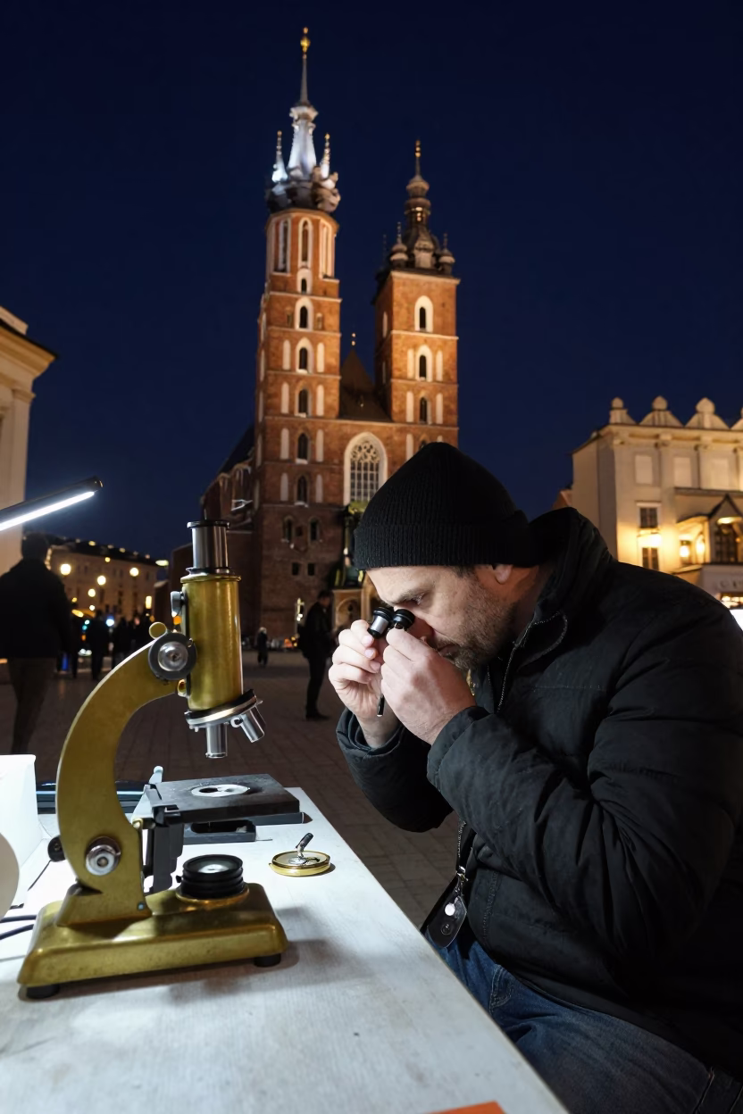 Nighttime Street Scene in Krakow Poland with Watchmaker and Antique Microscope in in Krakow, Poland