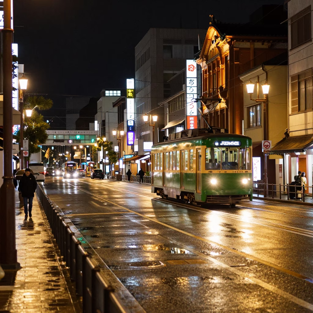 Nighttime Street Scene in Kyoto Japan with Tram and Urban Infrastructure in in Kyoto, Japan