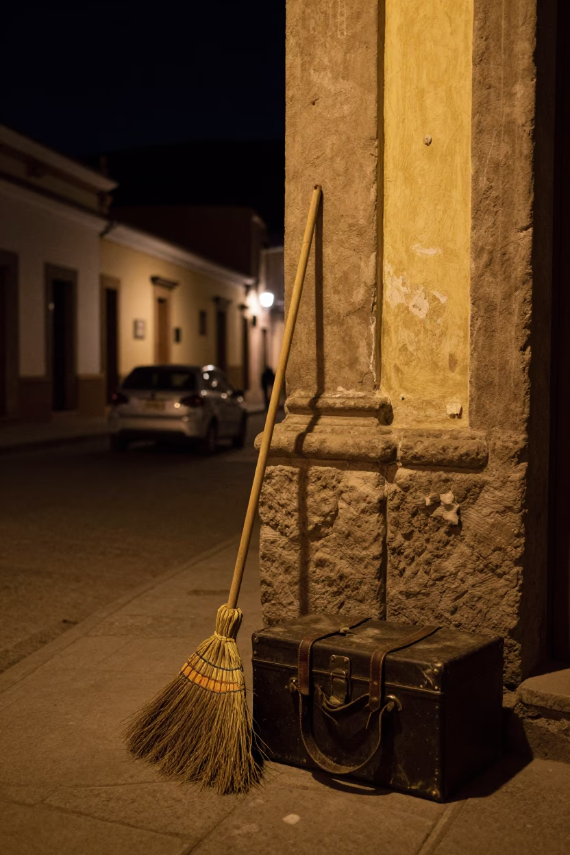 Nighttime Street Scene in La Paz Bolivia with Broom and Hatbox on Cobblestone in in La Paz, Bolivia