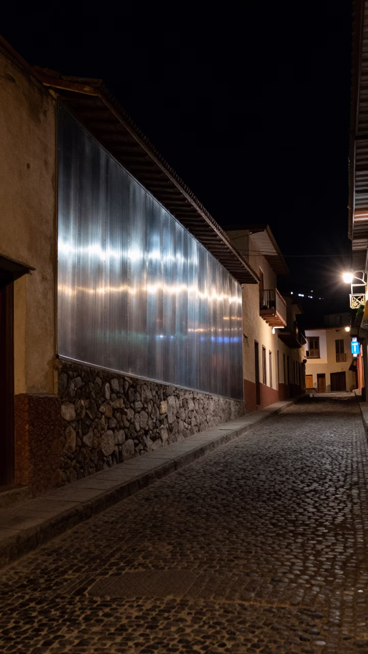 Nighttime Street Scene in La Paz Bolivia with Brushed Steel Wall and Doormat in in La Paz, Bolivia