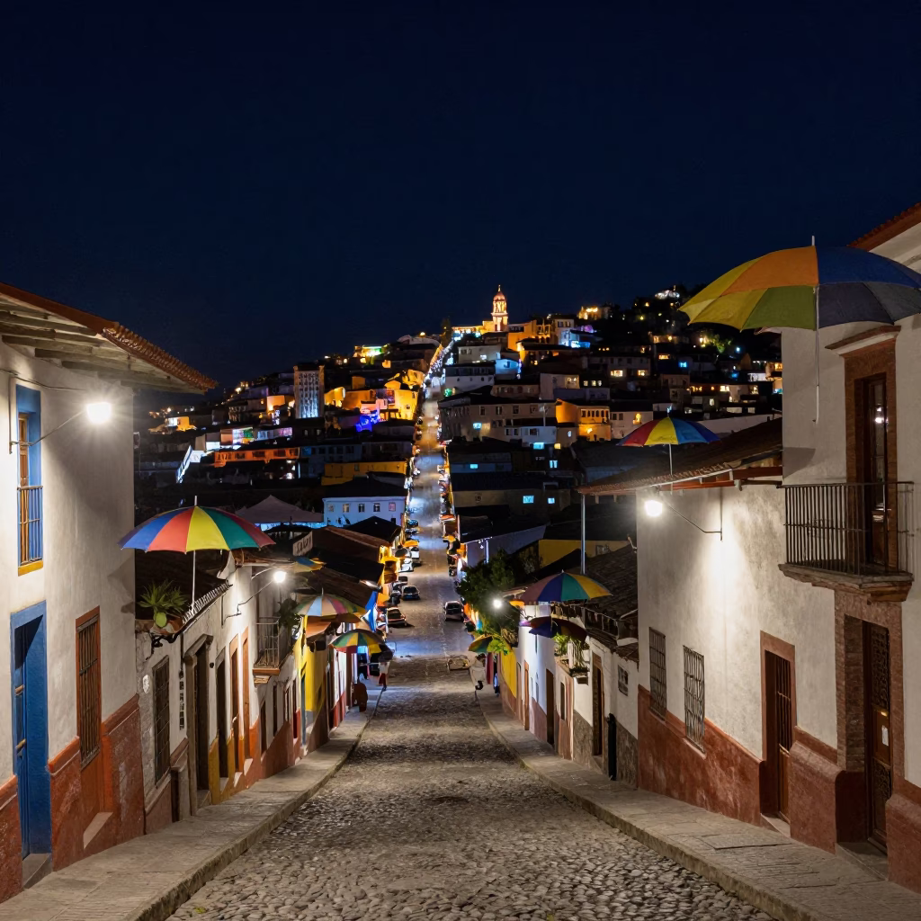 Nighttime Street Scene in La Paz Bolivia with Colorful Umbrellas and Traditional Market Activity in in La Paz, Bolivia