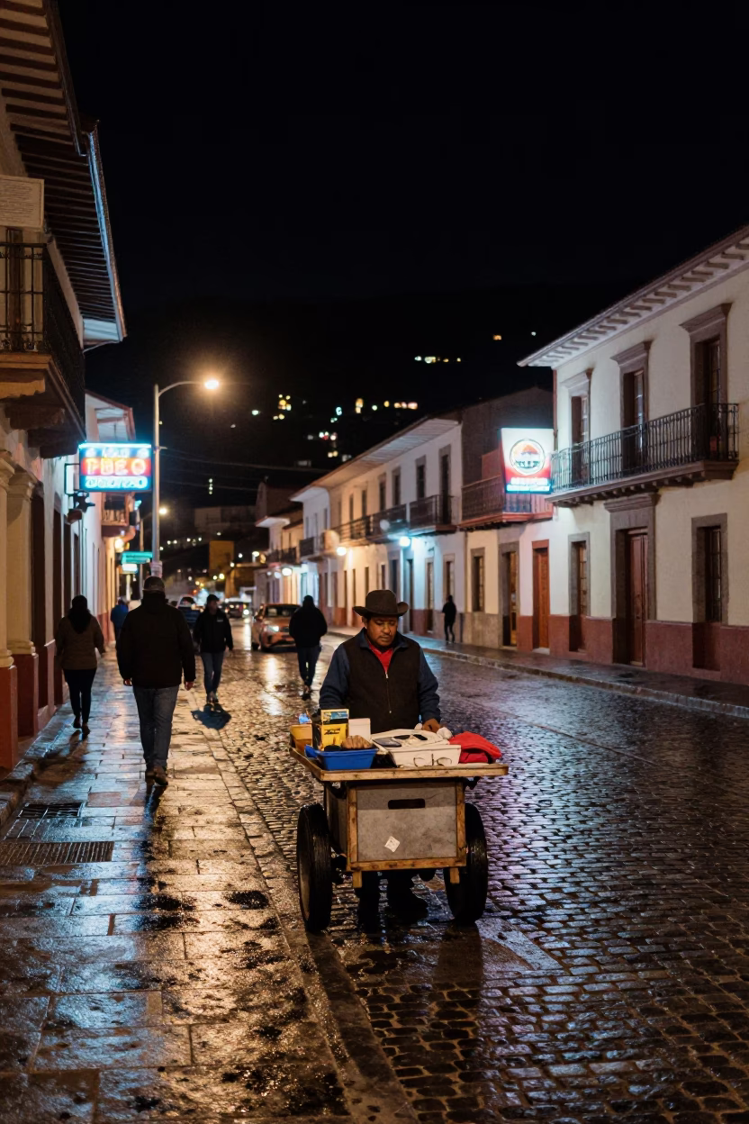 Nighttime Street Scene in La Paz Bolivia with Local Vendor and Neon Lights in in La Paz, Bolivia