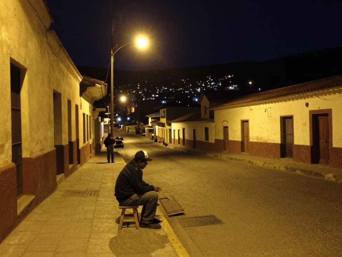 Nighttime Street Scene in La Paz Bolivia with Worker and Stool in in La Paz, Bolivia