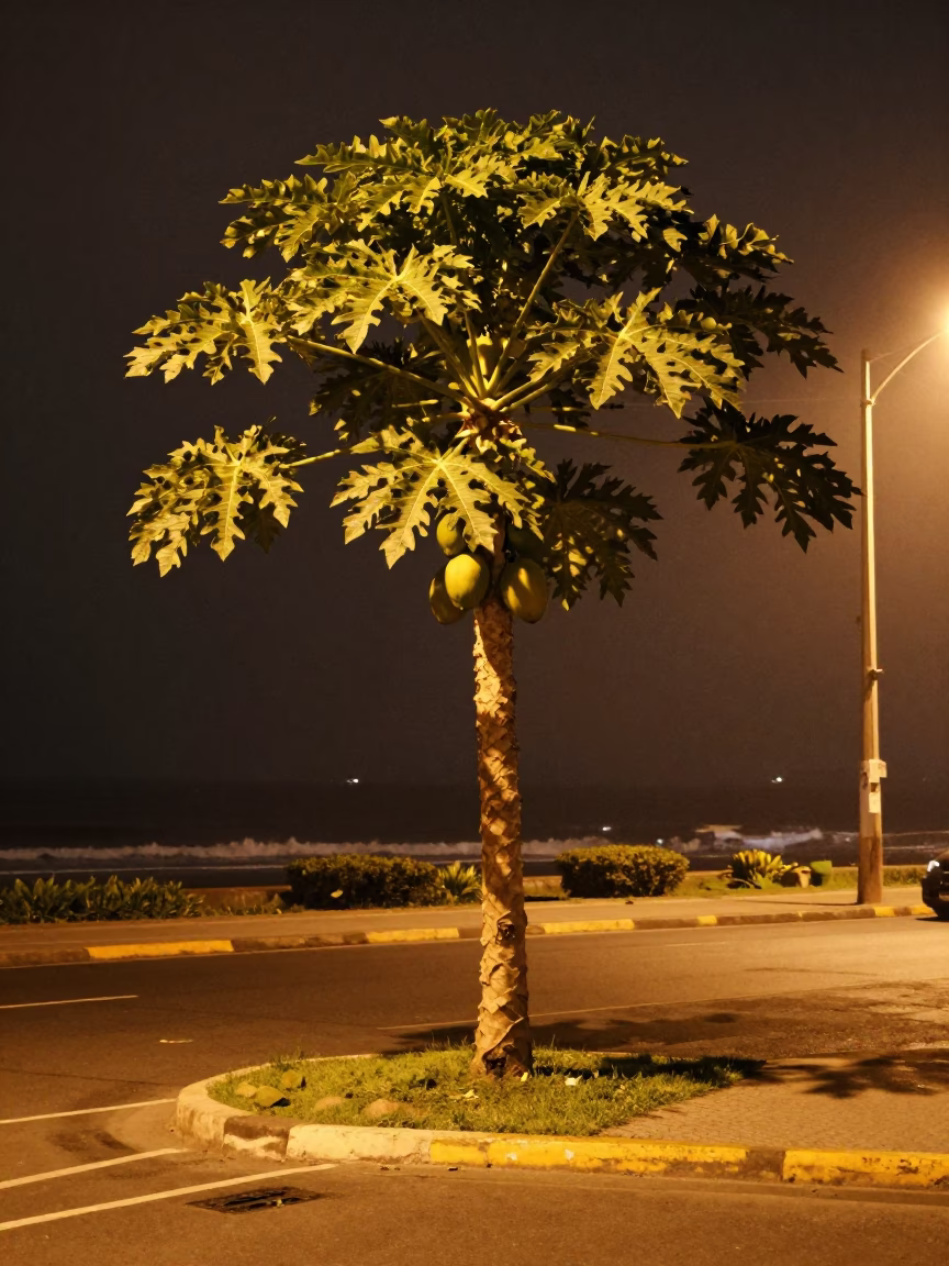 Nighttime Street Scene in Lima Peru with Papaya Tree and Coastal Harbor View in in Lima, Peru