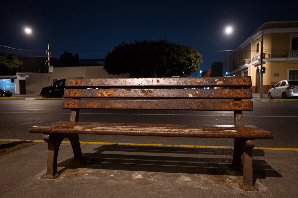 Nighttime Street Scene in Lima Peru with Rusty Bench and Urban Architecture in in Lima, Peru