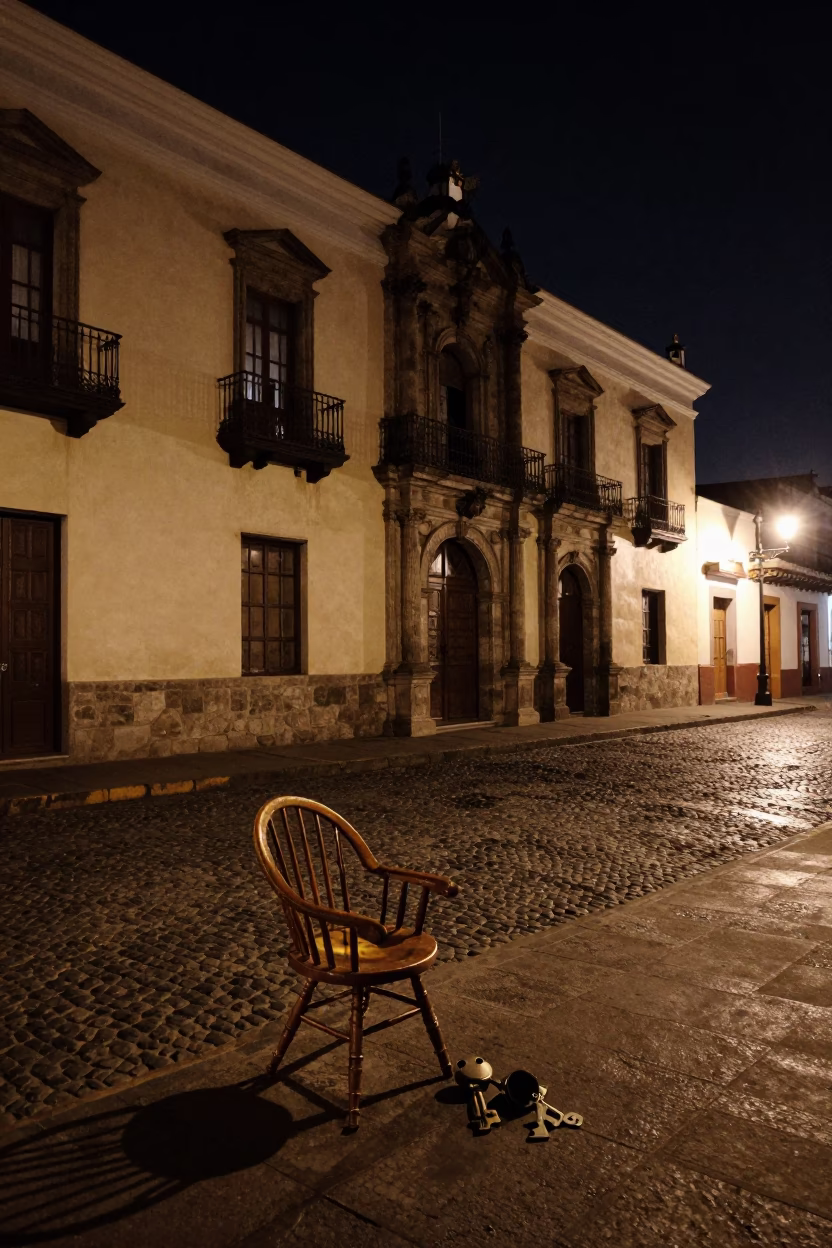 Nighttime Street Scene in Lima Peru with Spindle Chair and Key Bowl in in Lima, Peru