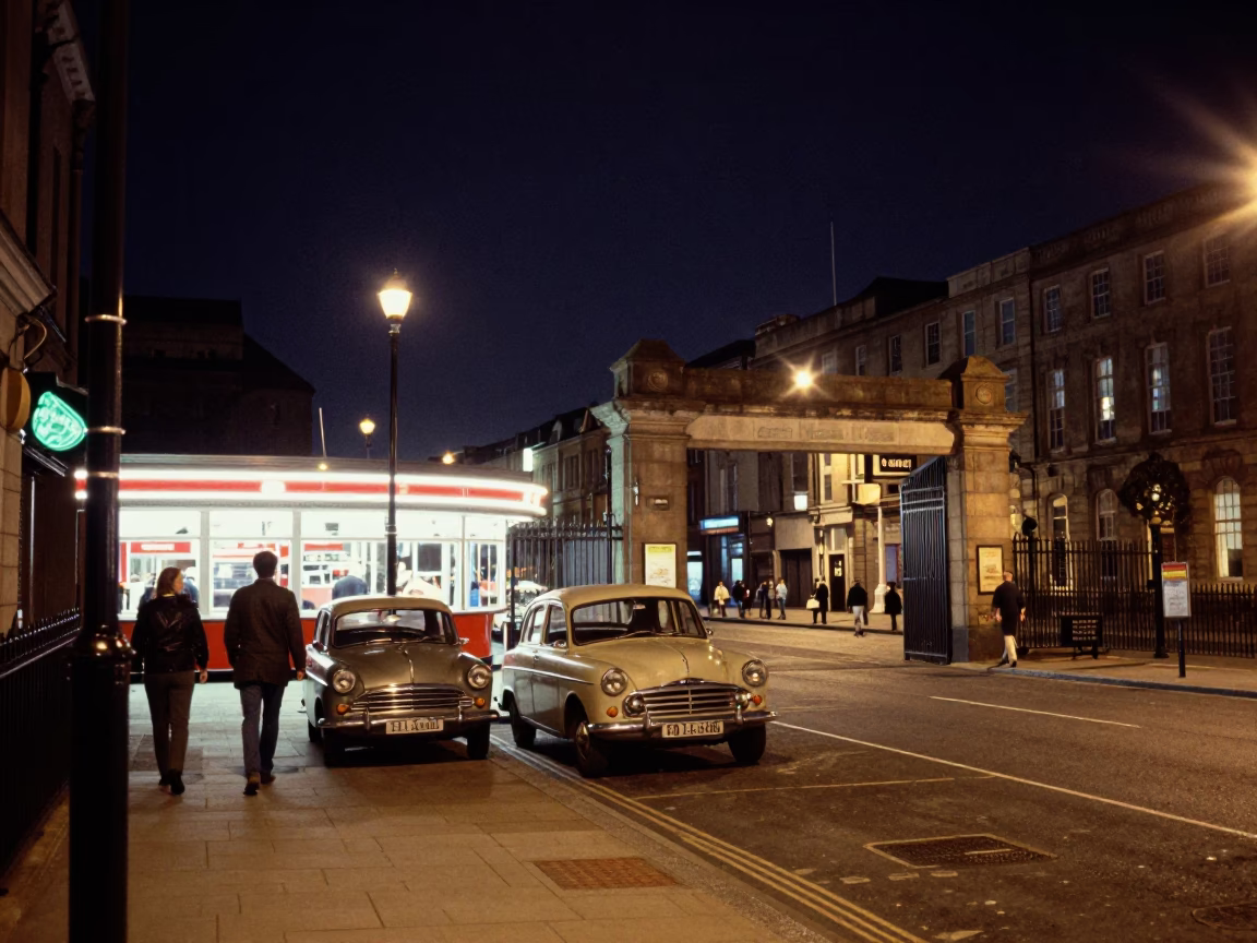 Nighttime Street Scene in Liverpool United Kingdom with Vintage Car and Gate Handle in in Liverpool, United Kingdom