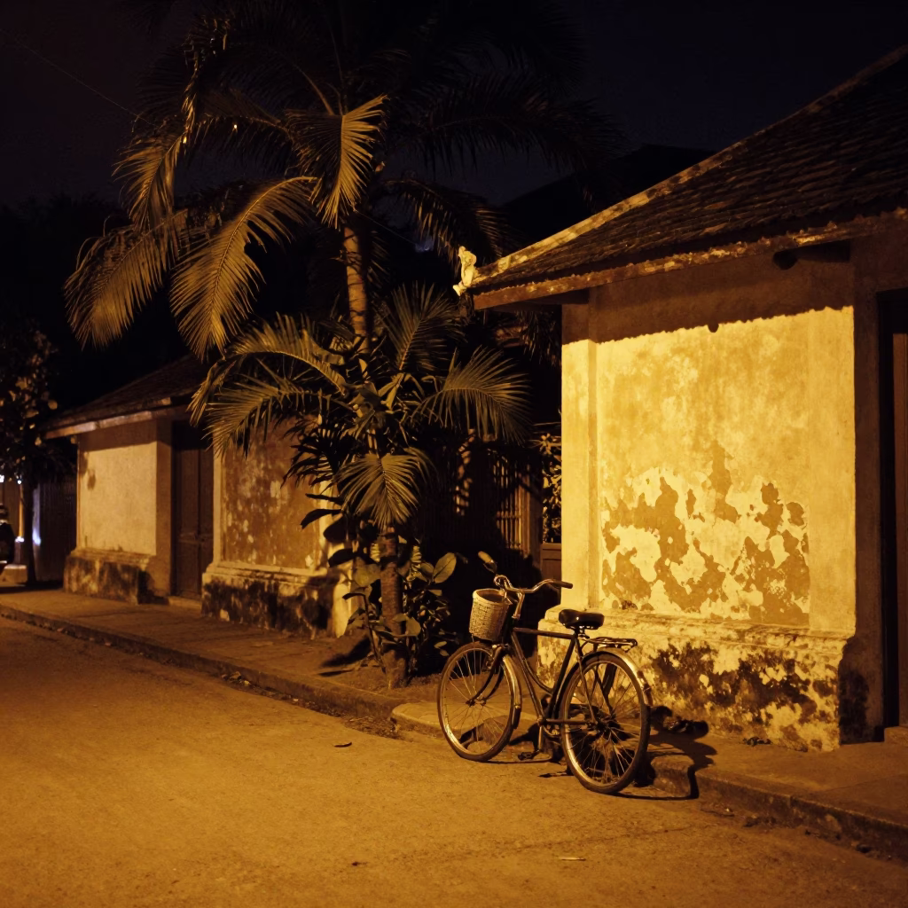 Nighttime Street Scene in Luang Prabang Laos with Bicycle and Palm Trees in in Luang Prabang, Laos