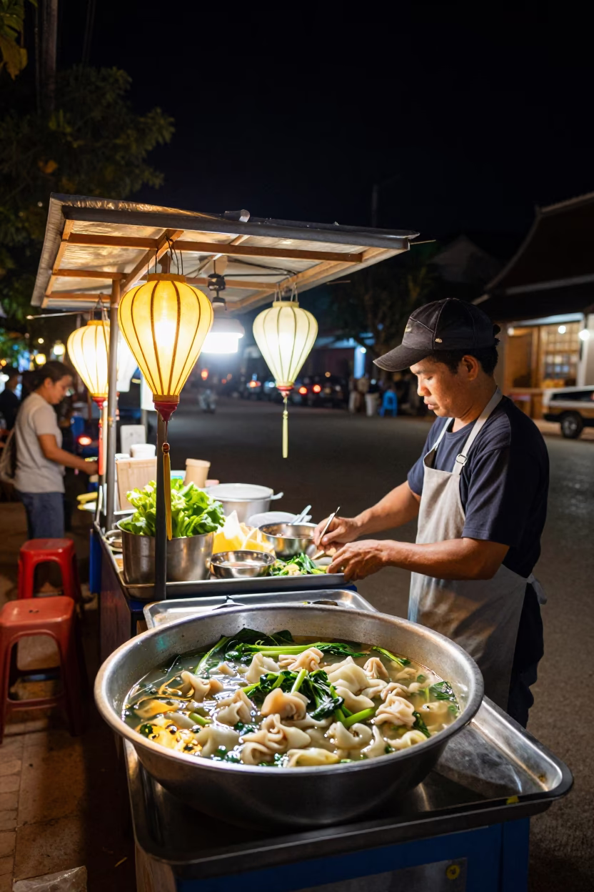 Nighttime street scene in Luang Prabang Laos with food vendor and lanterns in in Luang Prabang, Laos