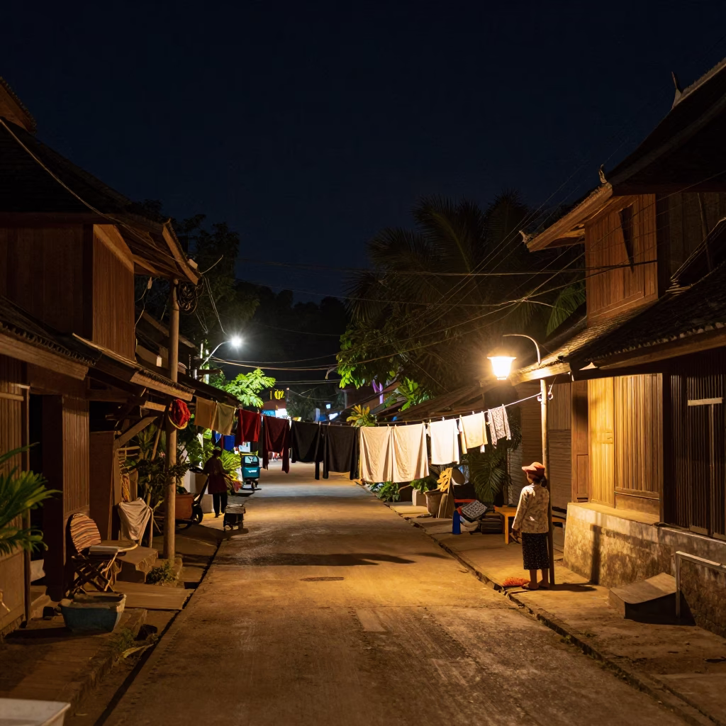 Nighttime Street Scene in Luang Prabang Laos with Laundry and Lantern Light in in Luang Prabang, Laos
