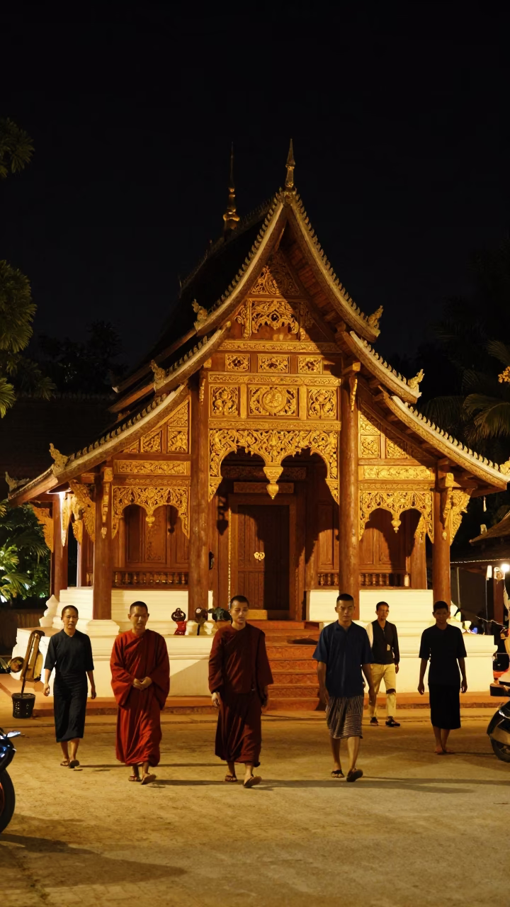 Nighttime Street Scene in Luang Prabang Laos with Monks and Traditional Architecture in in Luang Prabang, Laos