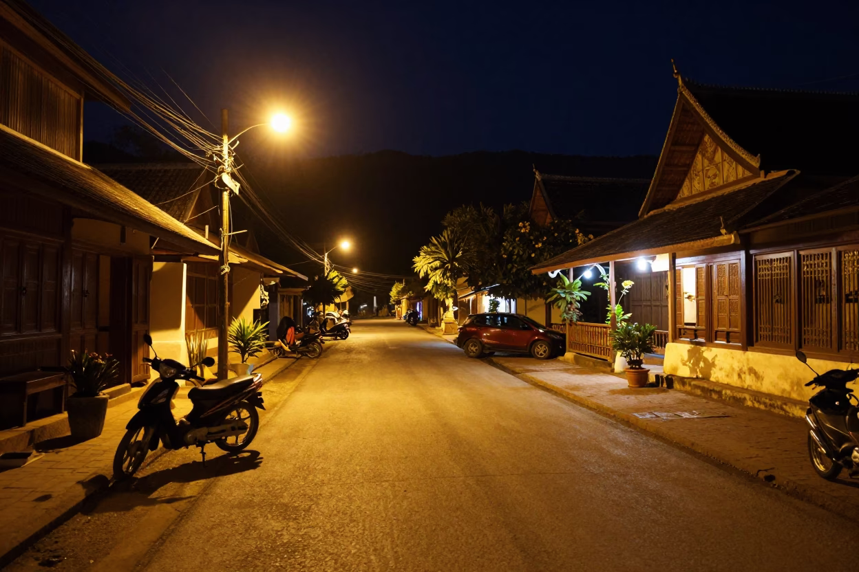 Nighttime Street Scene in Luang Prabang Laos with Motorcycle Outside Teahouse in in Luang Prabang, Laos