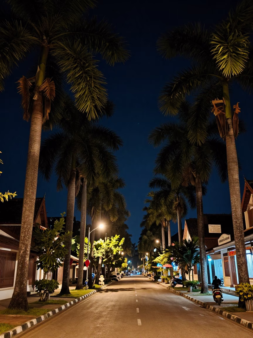 Nighttime street scene in Luang Prabang Laos with palm tree avenue and local life in in Luang Prabang, Laos