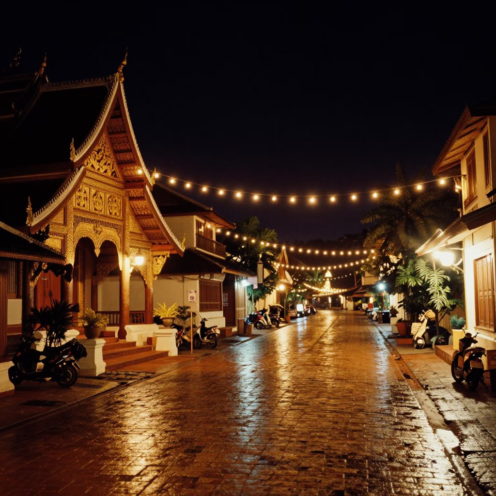 Nighttime Street Scene in Luang Prabang Laos with String Lights and Traditional Architecture in in Luang Prabang, Laos