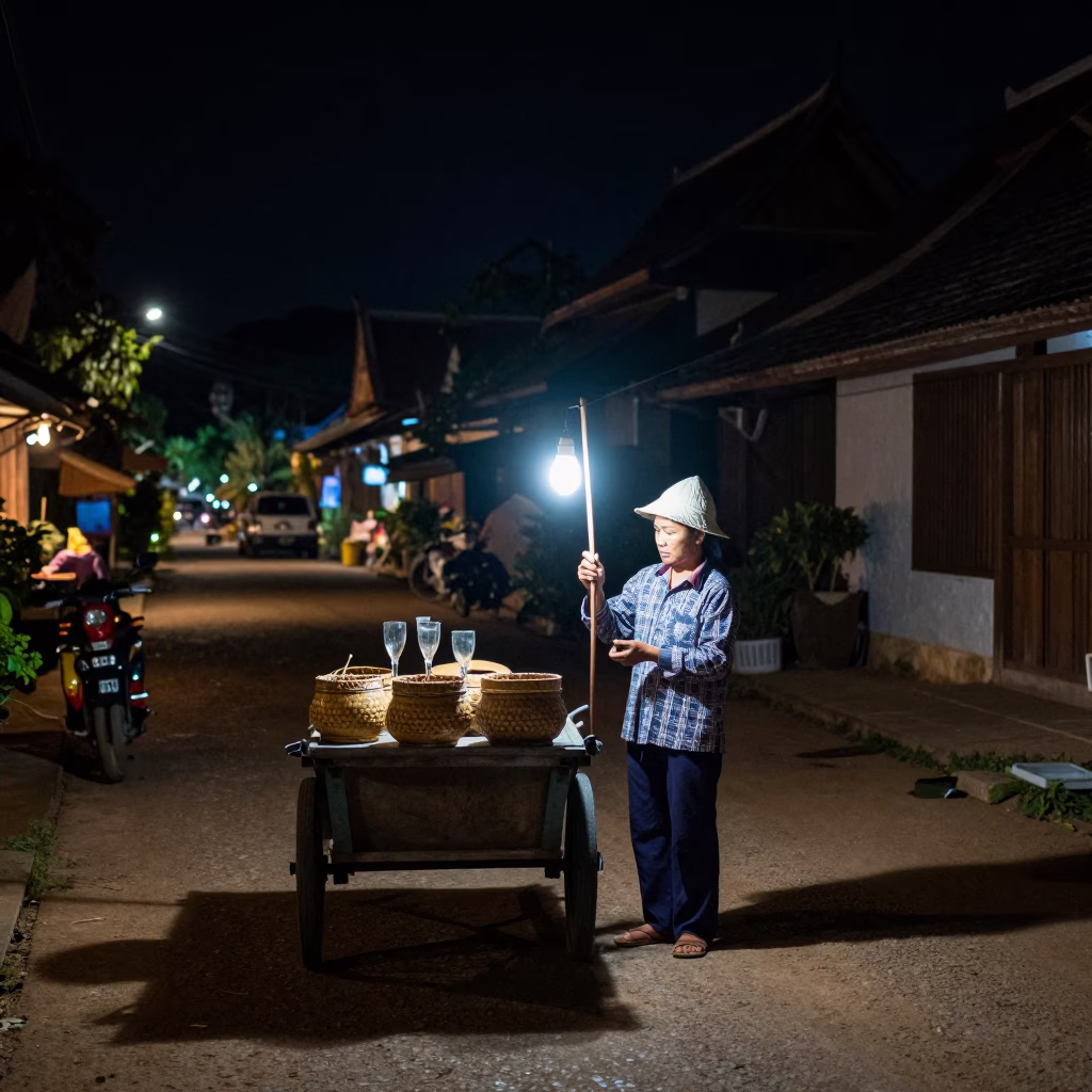 Nighttime Street Scene in Luang Prabang Laos with Traditional Basket and Glass Tumbler in in Luang Prabang, Laos