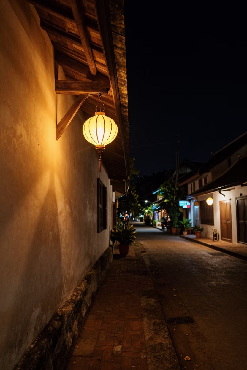 Nighttime Street Scene in Luang Prabang Laos with Vintage Lantern and Traditional Architecture in in Luang Prabang, Laos