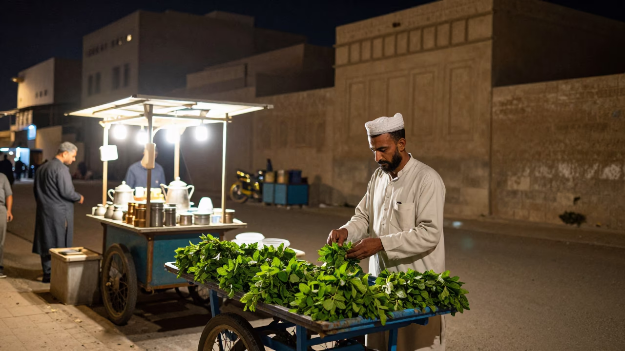 Nighttime Street Scene in Luxor Egypt with Local Vendor and Traditional Decor in in Luxor, Egypt