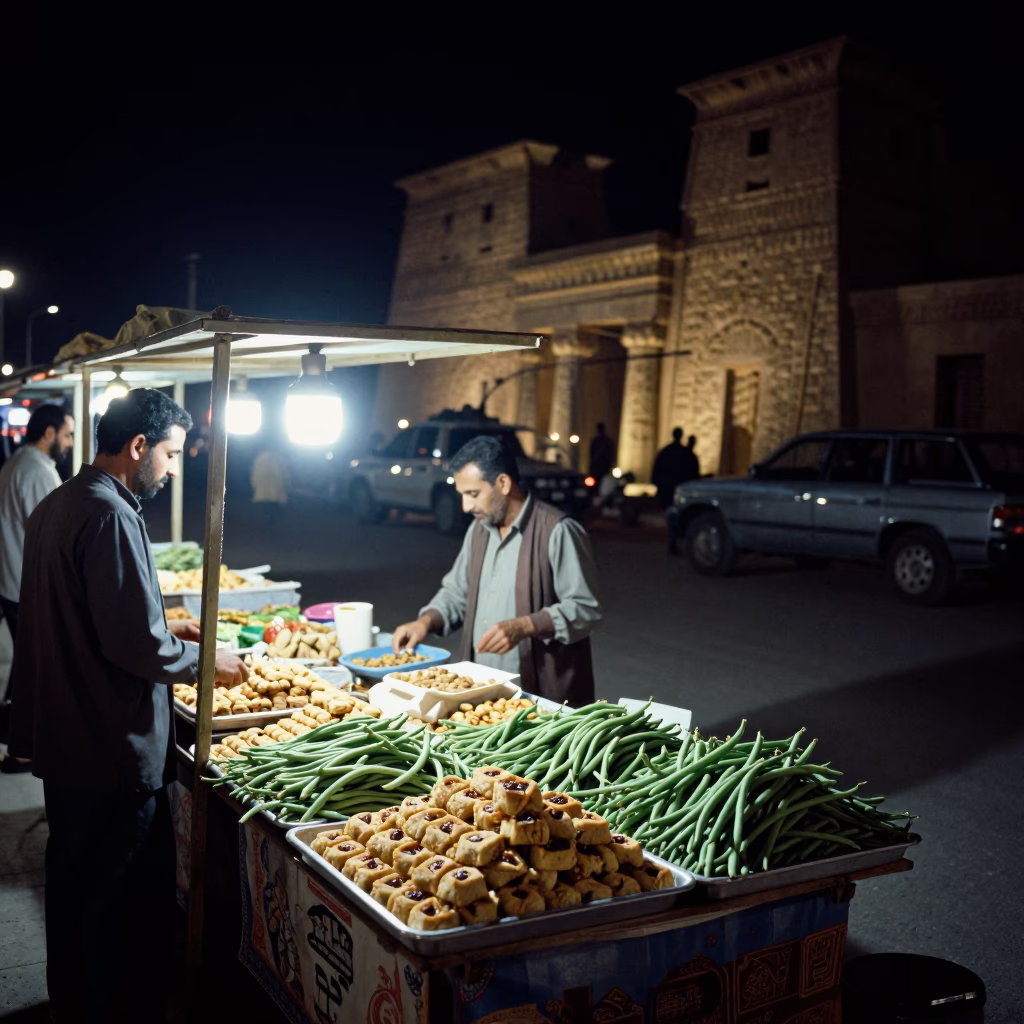Nighttime Street Scene in Luxor Egypt with Local Vendors and Traditional Food in in Luxor, Egypt