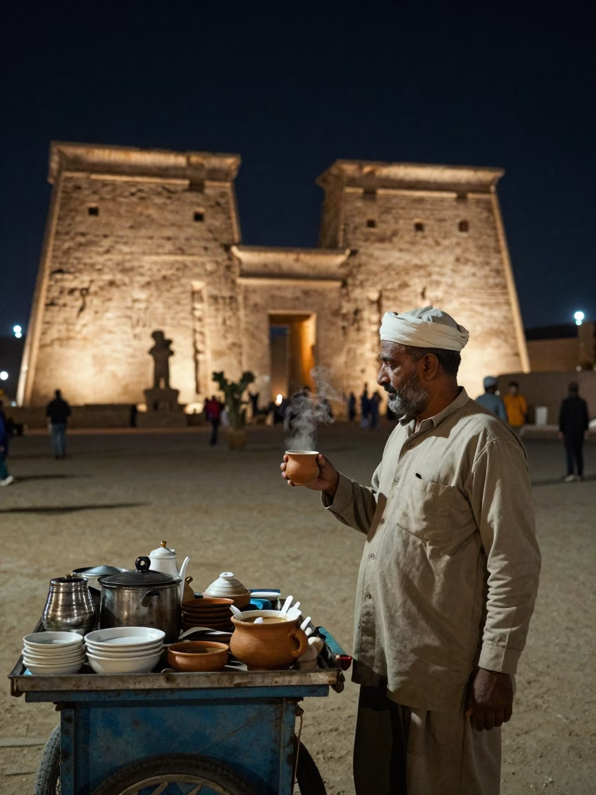 Nighttime Street Scene in Luxor Egypt with Tea Vendor and Ancient Temple Silhouette in in Luxor, Egypt