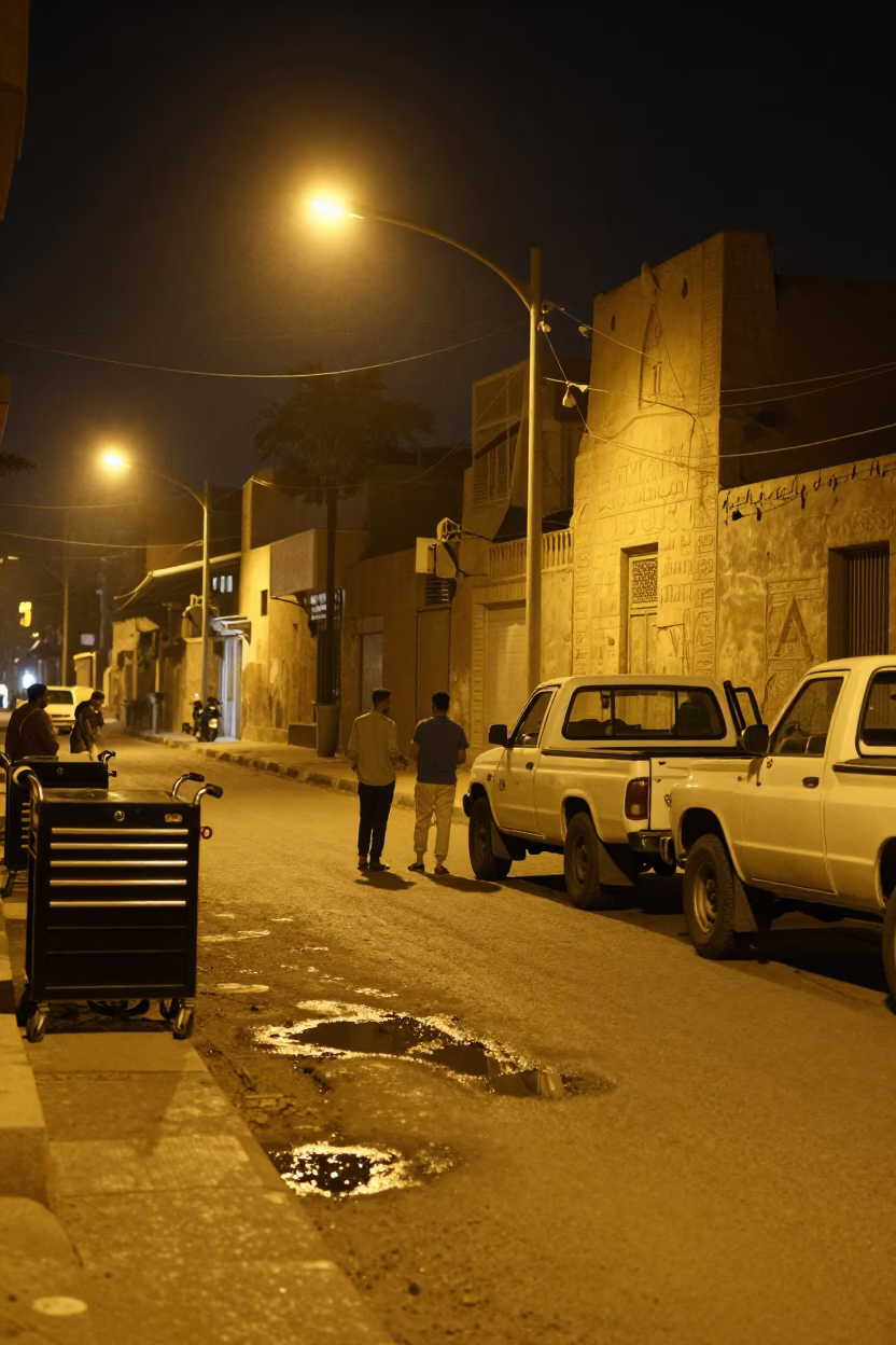Nighttime Street Scene in Luxor Egypt with Tool Caddies and Puddle Reflections in in Luxor, Egypt