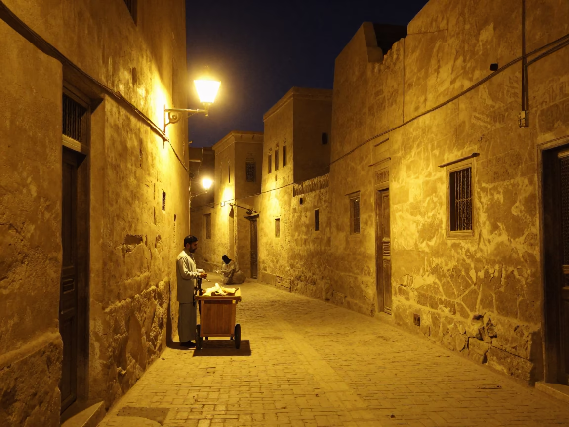 Nighttime street scene in Luxor Egypt with traditional architecture and local vendor in in Luxor, Egypt