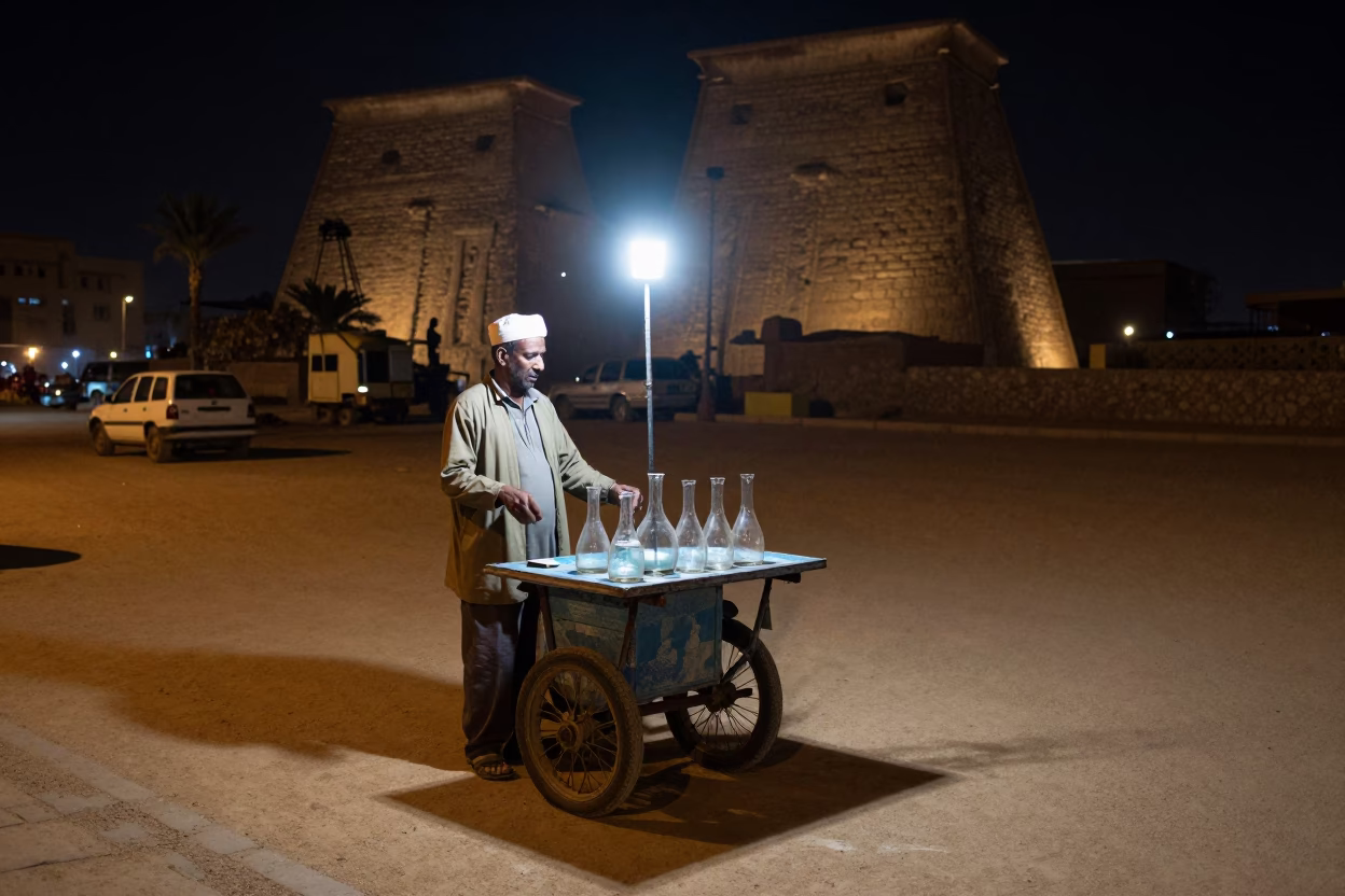 Nighttime Street Scene in Luxor Egypt with Vendor and Glass Carafe in in Luxor, Egypt