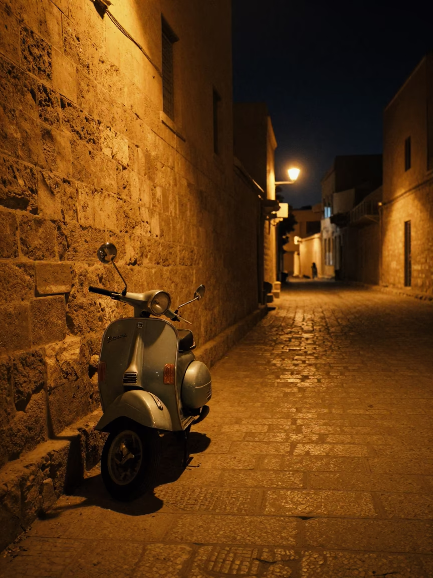 Nighttime Street Scene in Luxor Egypt with Vintage Vespa on Cobblestone Lane in in Luxor, Egypt