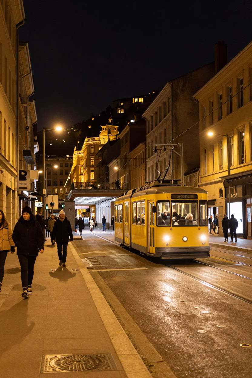 Nighttime Street Scene in Lyon France with Funicular Railway and Urban Details in in Lyon, France