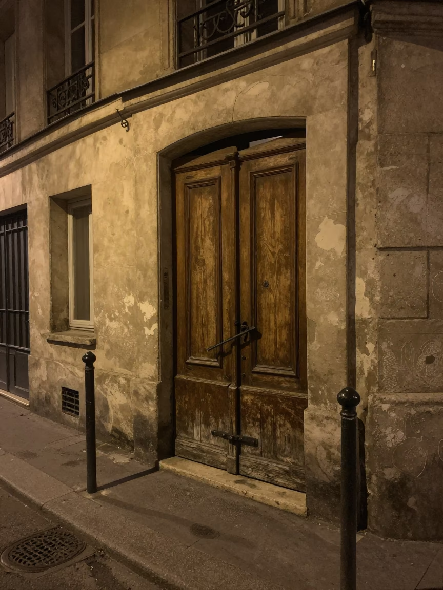 Nighttime Street Scene in Lyon France with Latch and Maintenance Railings in in Lyon, France
