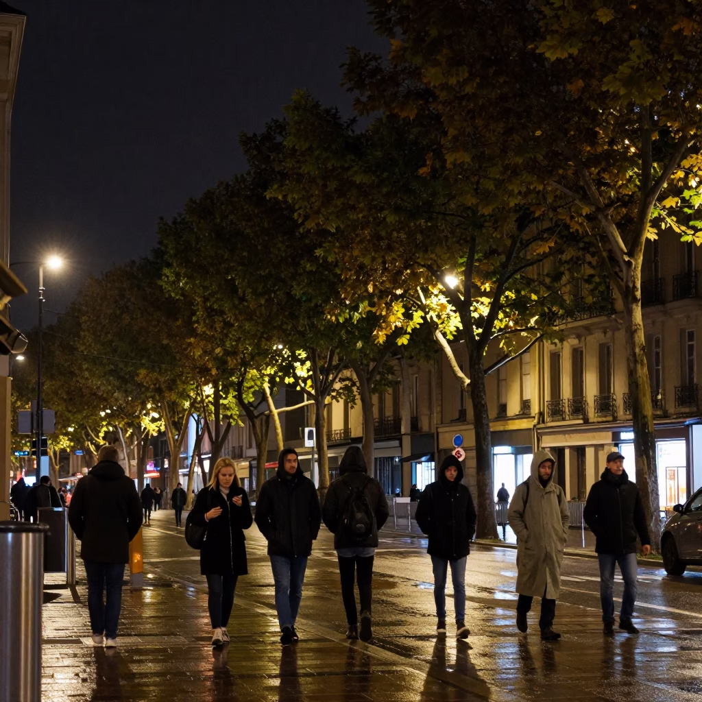 Nighttime Street Scene in Lyon France with Raincoats and Urban Details in in Lyon, France