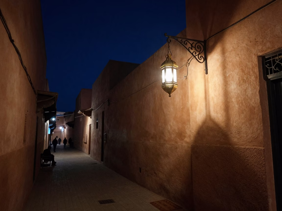 Nighttime Street Scene in Marrakech Morocco with Brass Lantern and Doormat in in Marrakech, Morocco