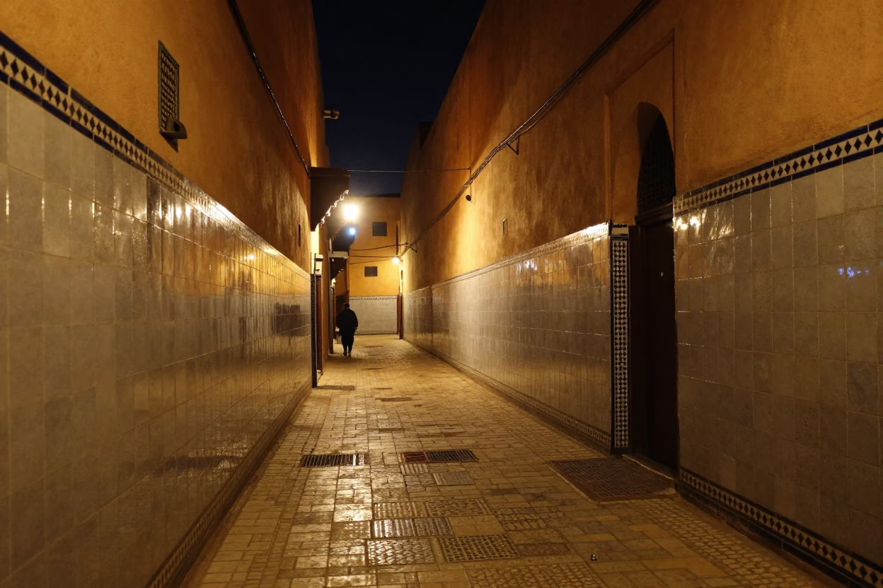 Nighttime street scene in Marrakech Morocco with ceramic tiles and cup in in Marrakech, Morocco