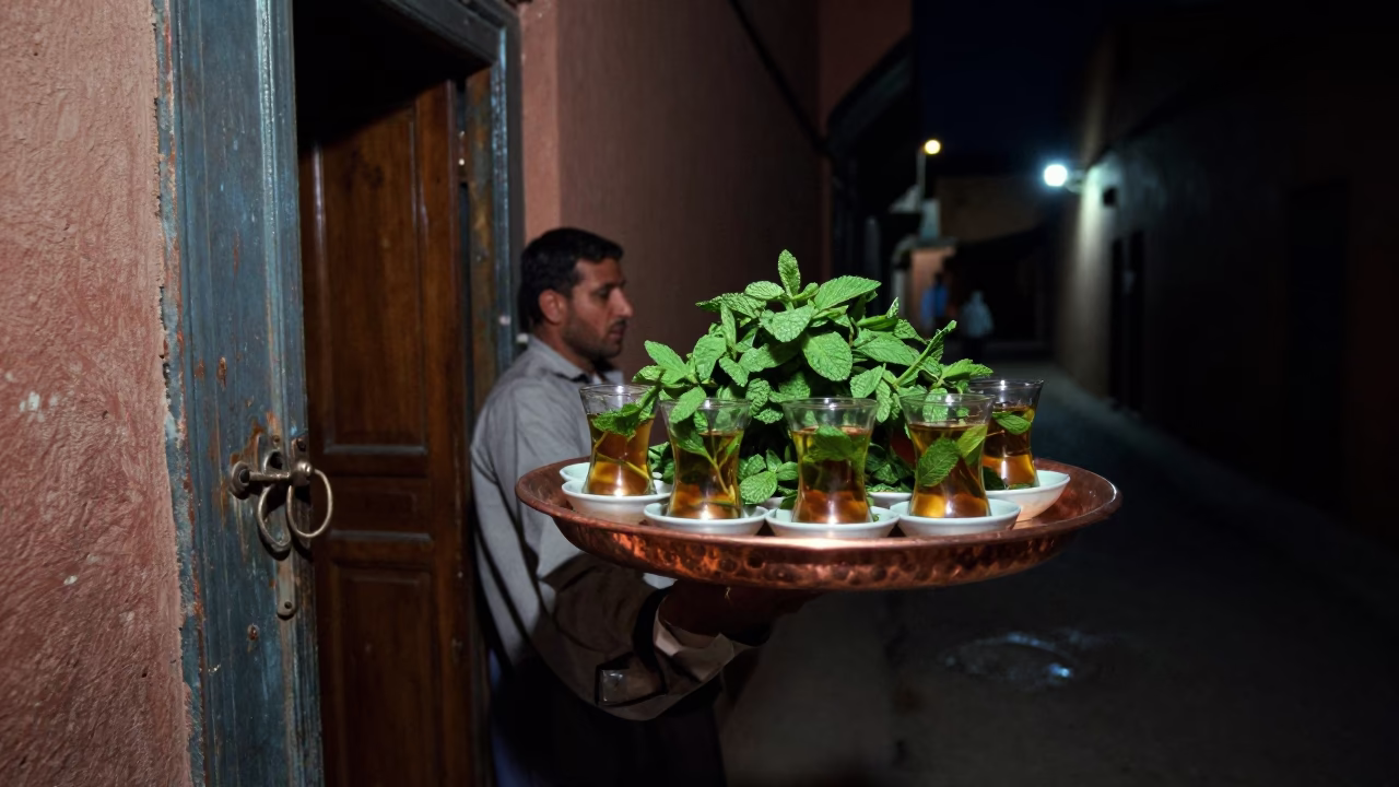 Nighttime Street Scene in Marrakech Morocco with Copper Tray and Latch Detail in in Marrakech, Morocco