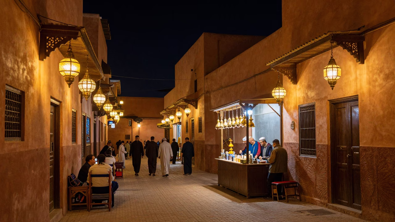 Nighttime Street Scene in Marrakech Morocco with Traditional Lanterns and Local Activity in in Marrakech, Morocco