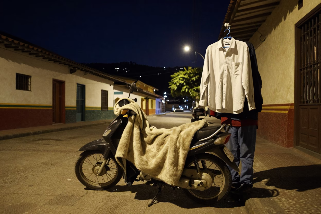 Nighttime Street Scene in Medellin Colombia with Blanket and Shirt Hanger in in Medellin, Colombia