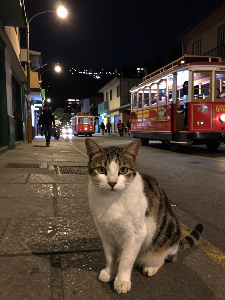 Nighttime Street Scene in Medellin Colombia with Cable Car and Cat in in Medellin, Colombia
