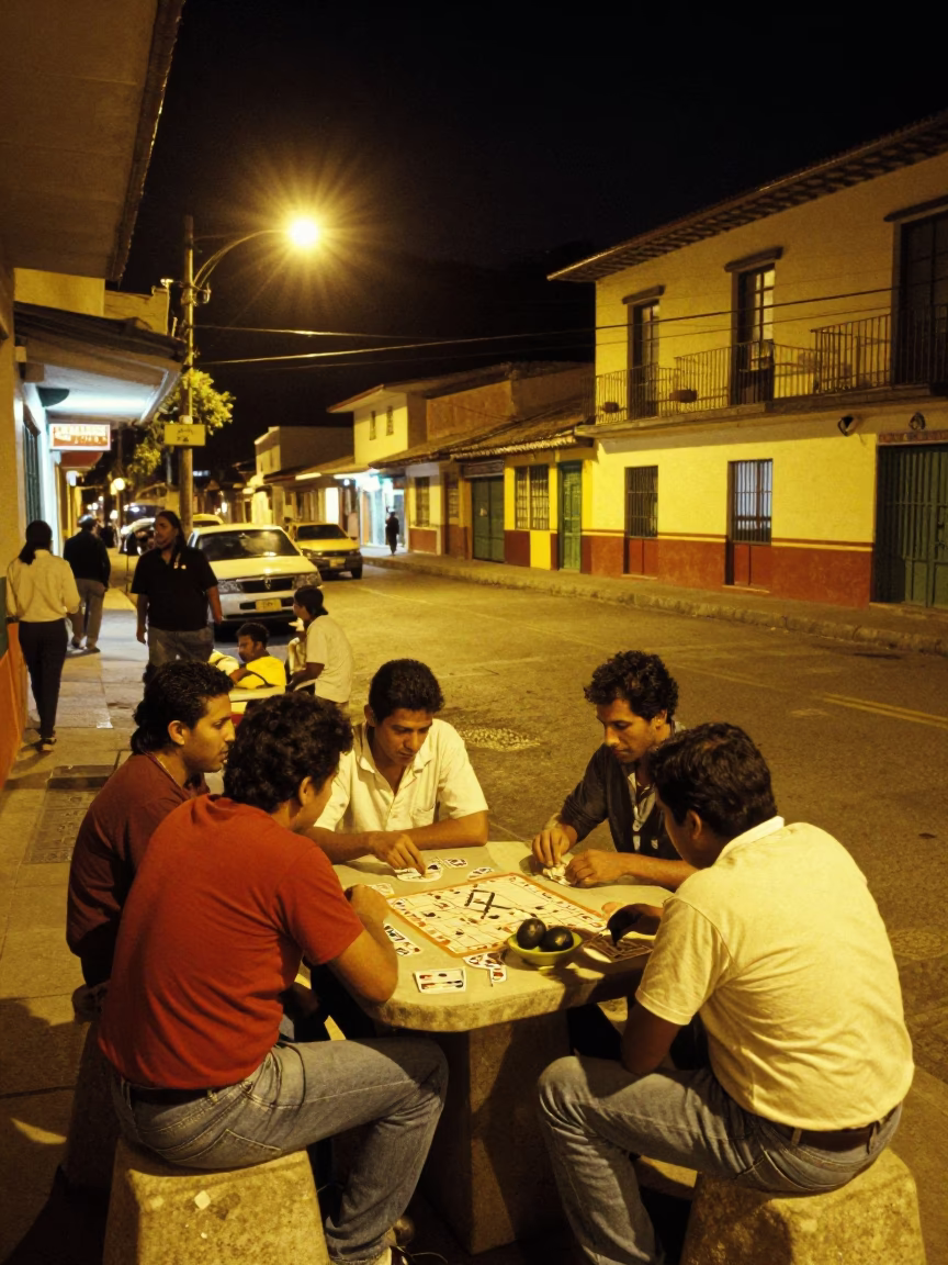 Nighttime Street Scene in Medellin Colombia with Domino Game and Avocado Tree in in Medellin, Colombia