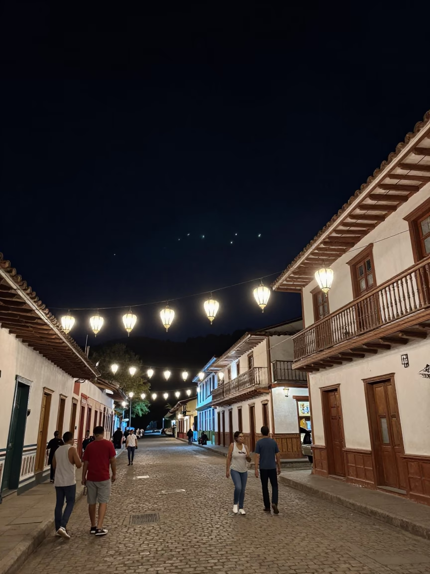 Nighttime Street Scene in Medellin Colombia with Hanging Lanterns and Local Street Vendor in in Medellin, Colombia
