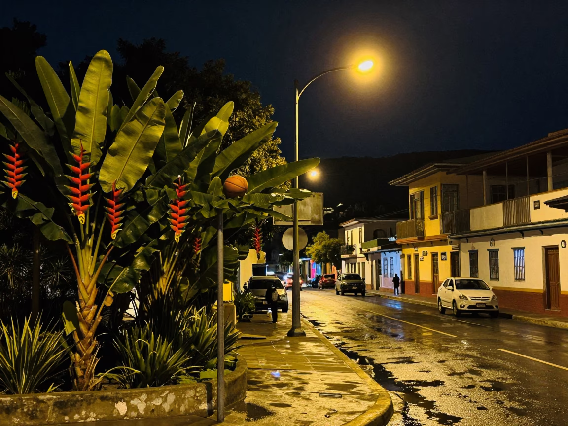 Nighttime Street Scene in Medellin Colombia with Heliconia and Basketball in in Medellin, Colombia