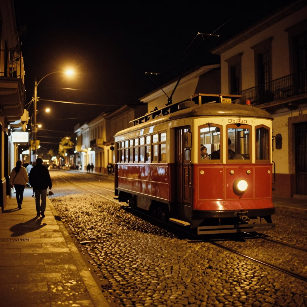 Nighttime Street Scene in Medellin Colombia with Heritage Tram and Cobblestone Avenue in in Medellin, Colombia