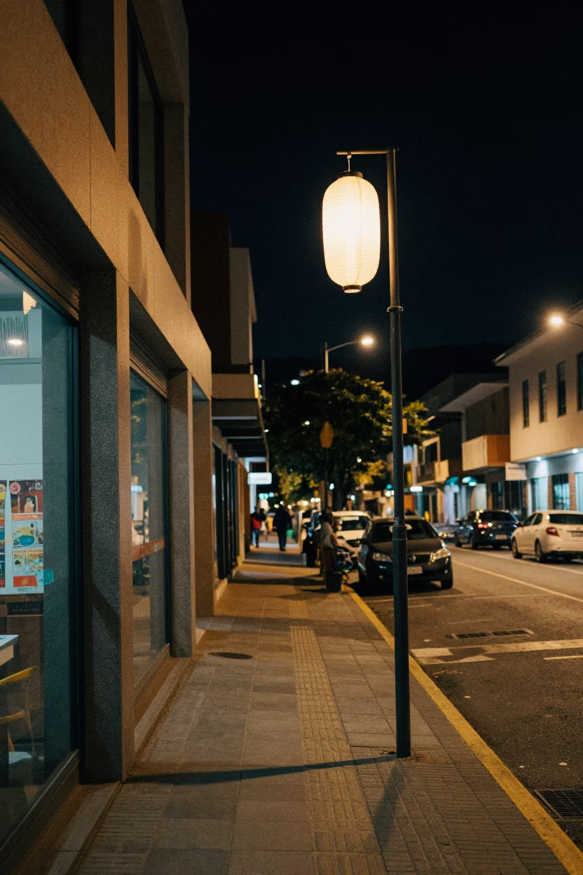 Nighttime Street Scene in Medellin Colombia With Lantern Light And Urban Architecture in in Medellin, Colombia