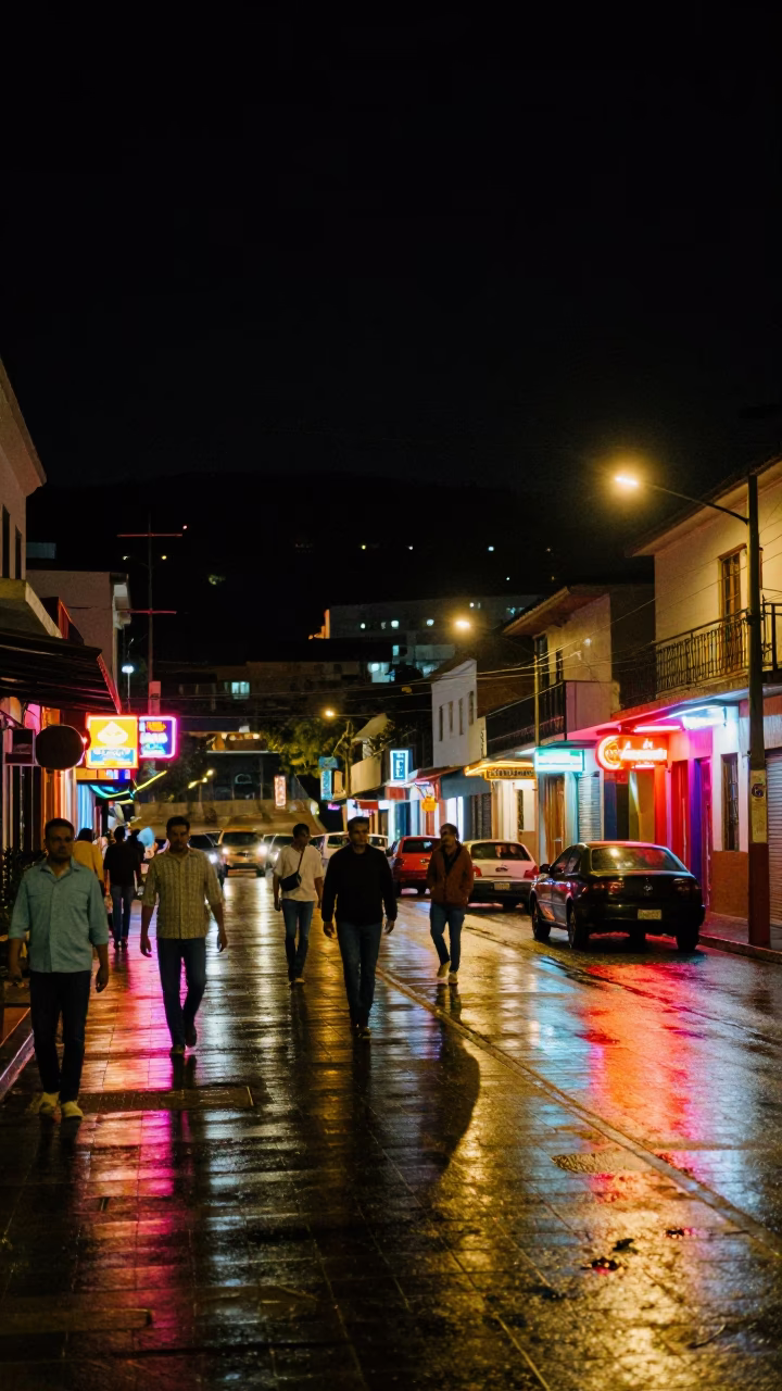 Nighttime Street Scene in Medellin Colombia with Neon Lights and Urban Activity in in Medellin, Colombia